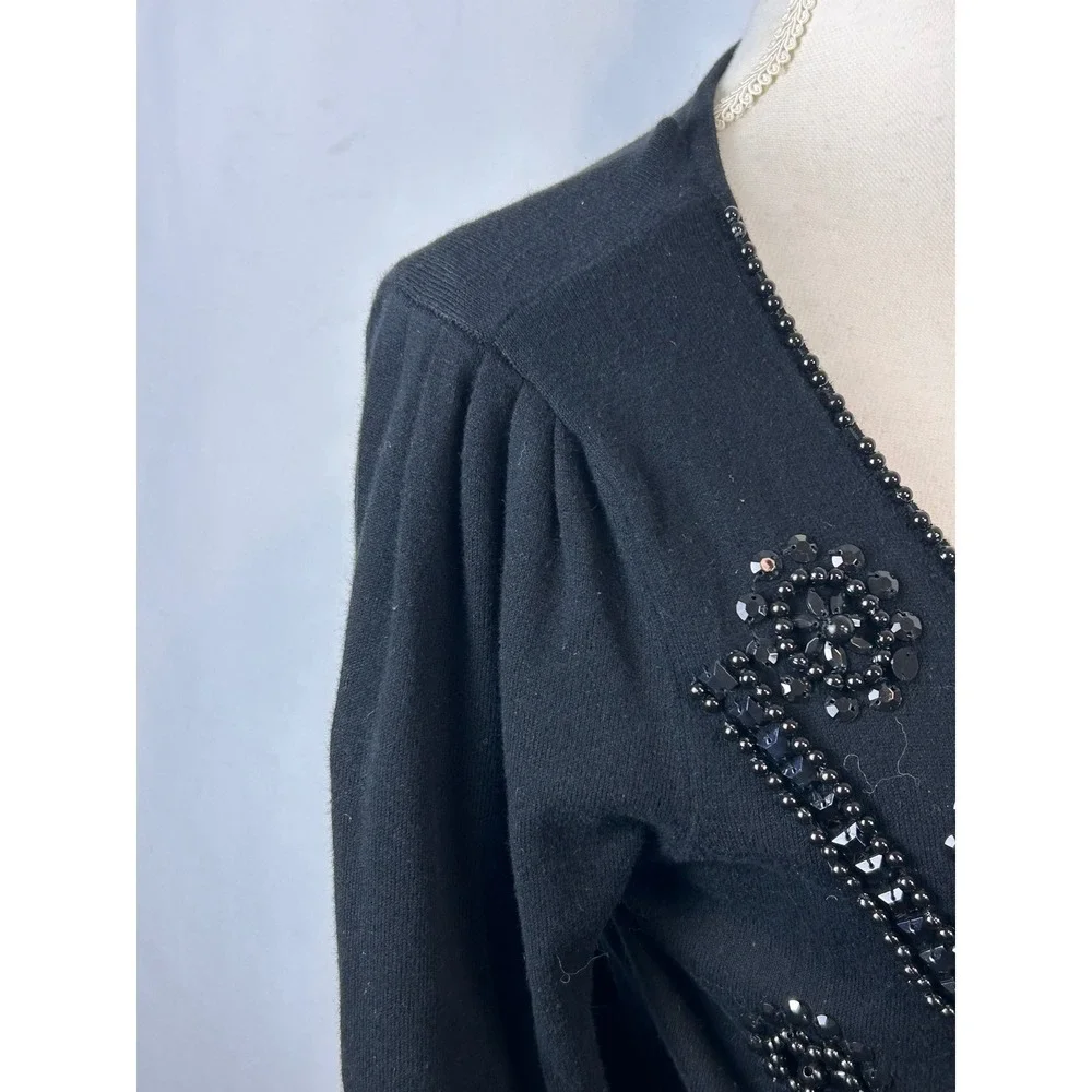 Tracy M Womens Black Beaded Sequin Cardigan Sweater Scoop Neck Ribbed Size M